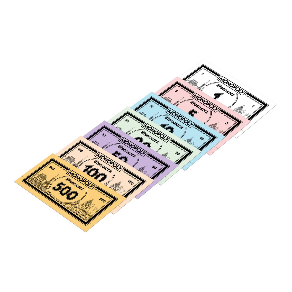 Banknoty Monopoly. Różne nominały, kolorowe, z logo 'Monopoly Bydgoszcz'.