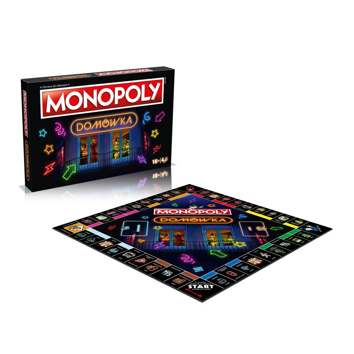 Gra planszowa Monopoly z pudełkiem. Plansza ma obraz domu. Pudełko ma obraz neonów.