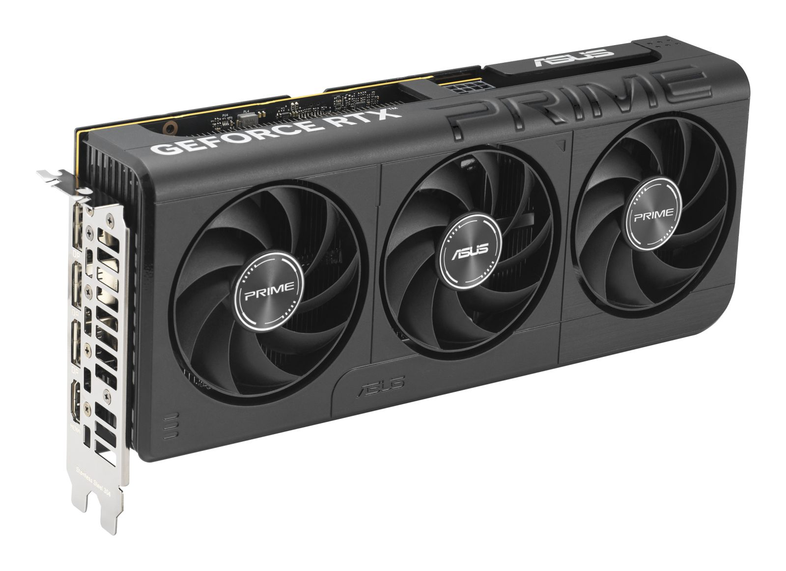 Czarna karta graficzna ASUS GeForce RTX z trzema wentylatorami. Na karcie nadrukowano słowa 'PRIME' i 'GEFORCE RTX'.