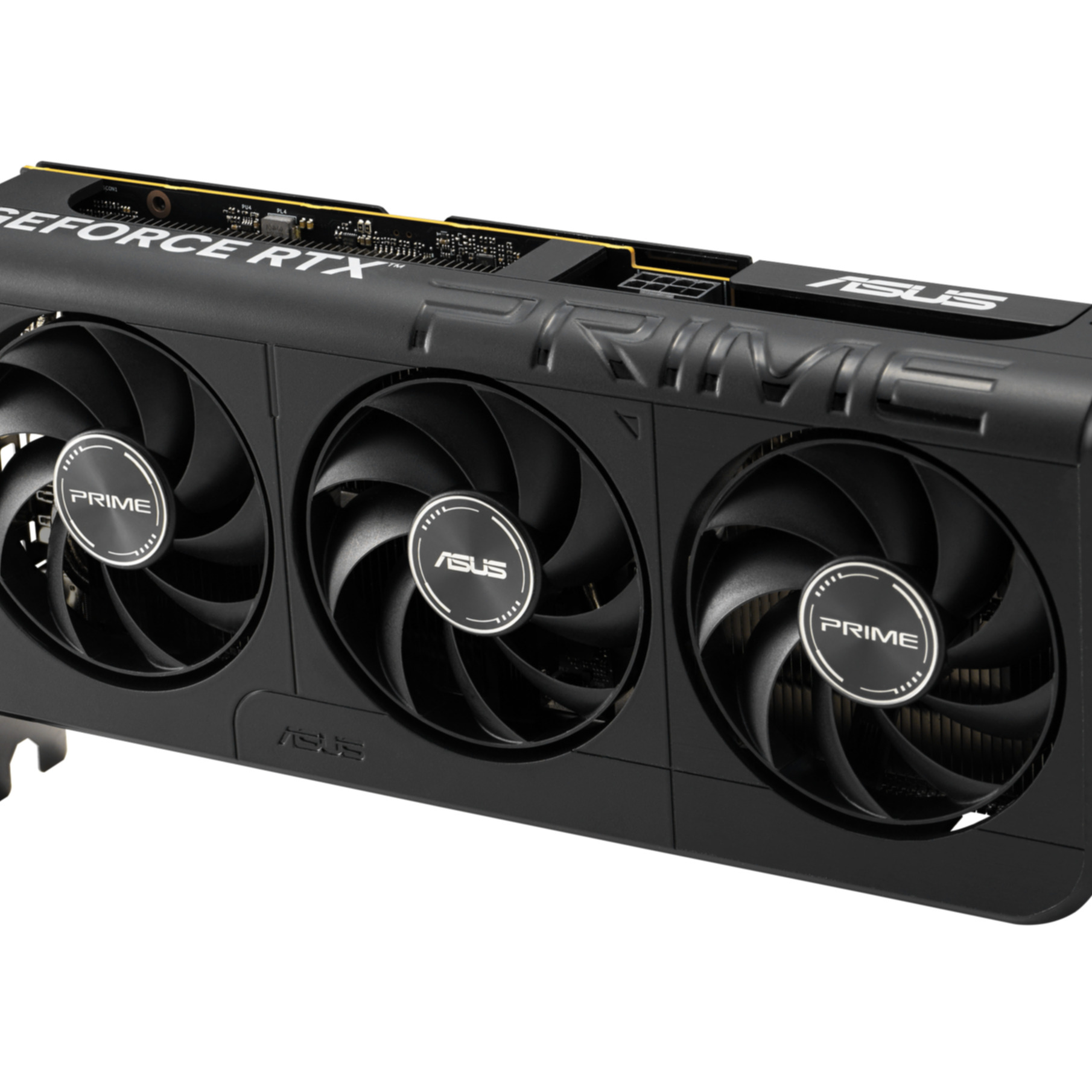 Czarna karta graficzna z trzema wentylatorami. Widoczne są nazwy marek ASUS i PRIME.