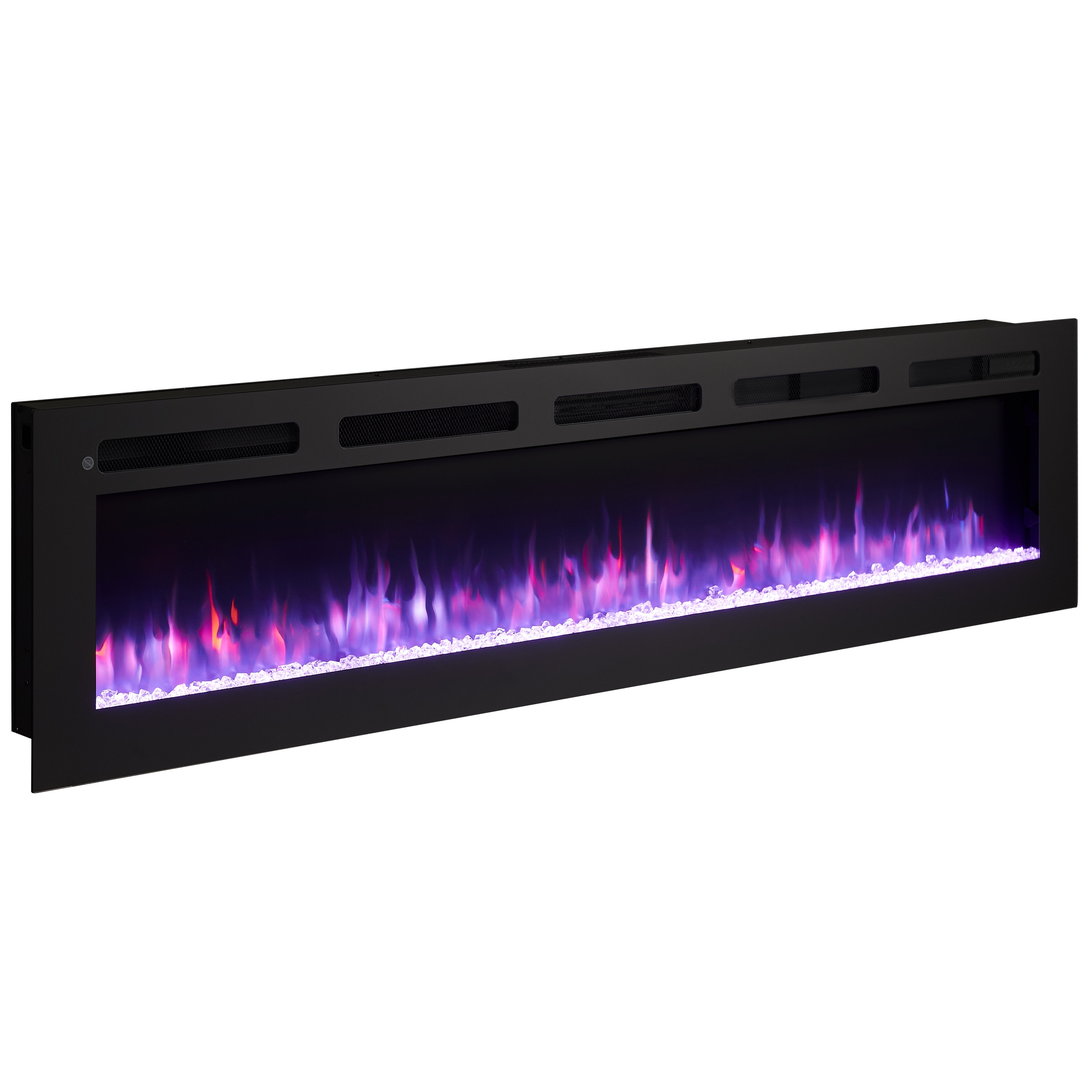 Ein schwarzer Elektrokamin mit simuliertem Flammeneffekt, einschließlich eines lila-orangen Farbschemas.