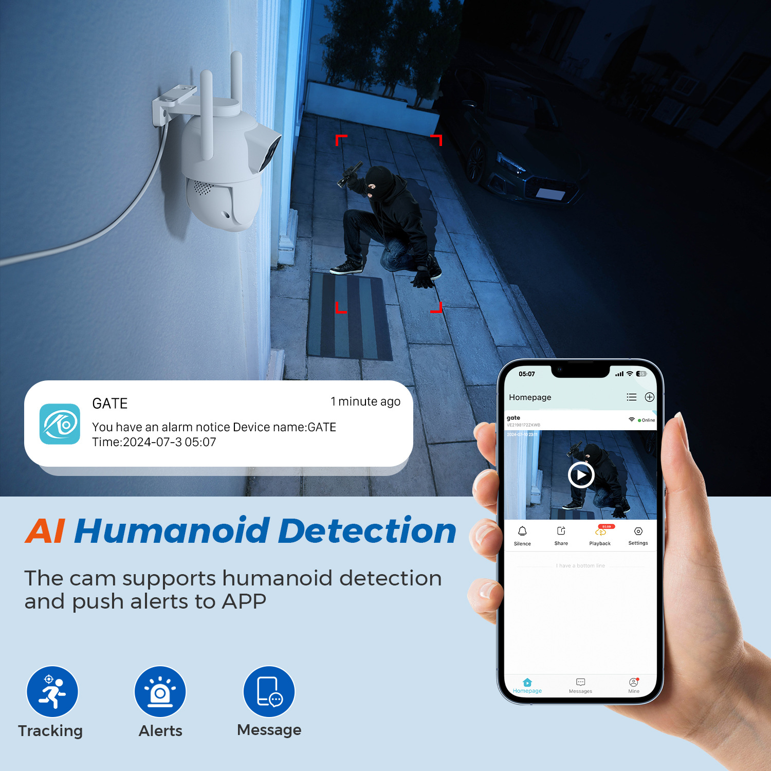 Eine Überwachungskamera mit einem Telefon, das eine Alarminformation und eine weglaufende Person anzeigt.