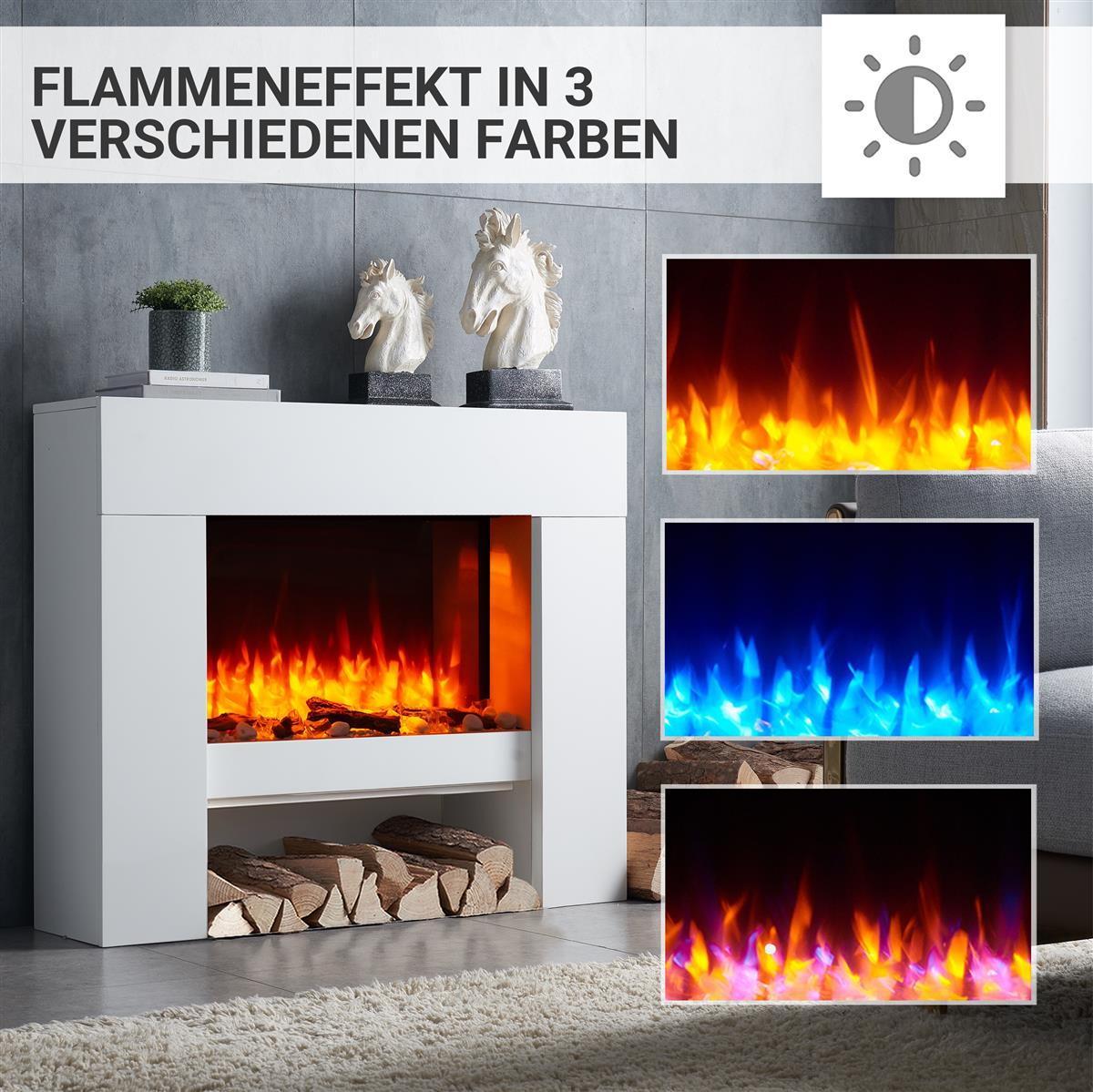 Ein weißer elektrischer Kamin mit künstlichen Flammen, Holzscheiten und dekorativen Pferdekopf-Figuren, gezeigt mit Farboptionen.