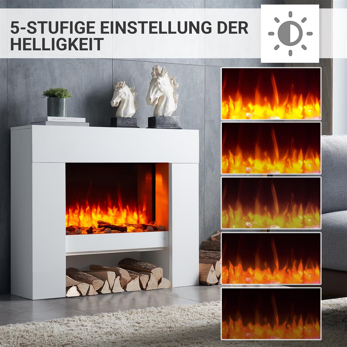 Ein weißer Kamin, der Flammen in 5 Helligkeitsstufen zeigt. Holzscheite sind im Kamin. Der Hintergrund ist grau.