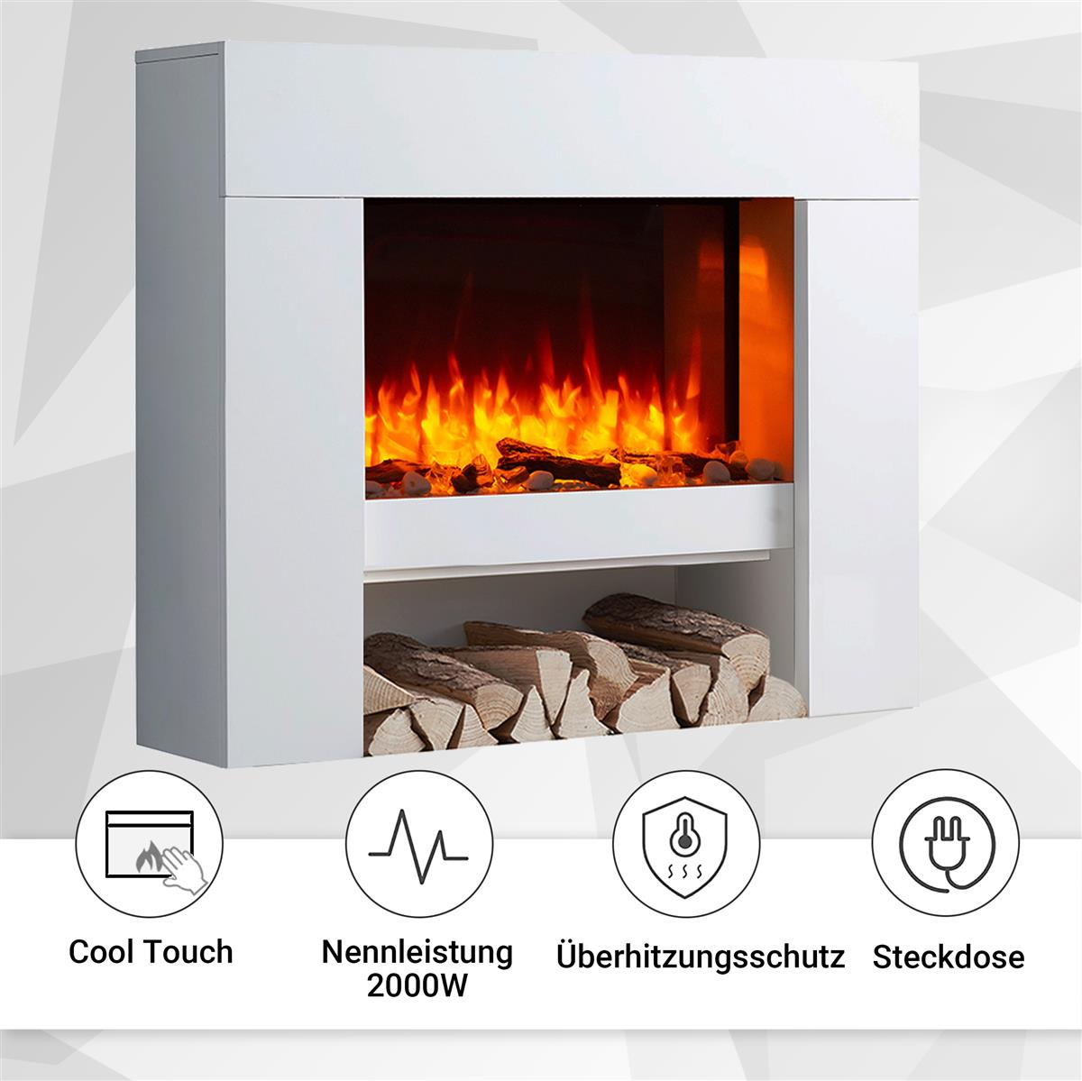 Ein weißer elektrischer Kamin mit Flammendarstellung und gestapelten Holzscheiten, mit überlagerten Symbolen.