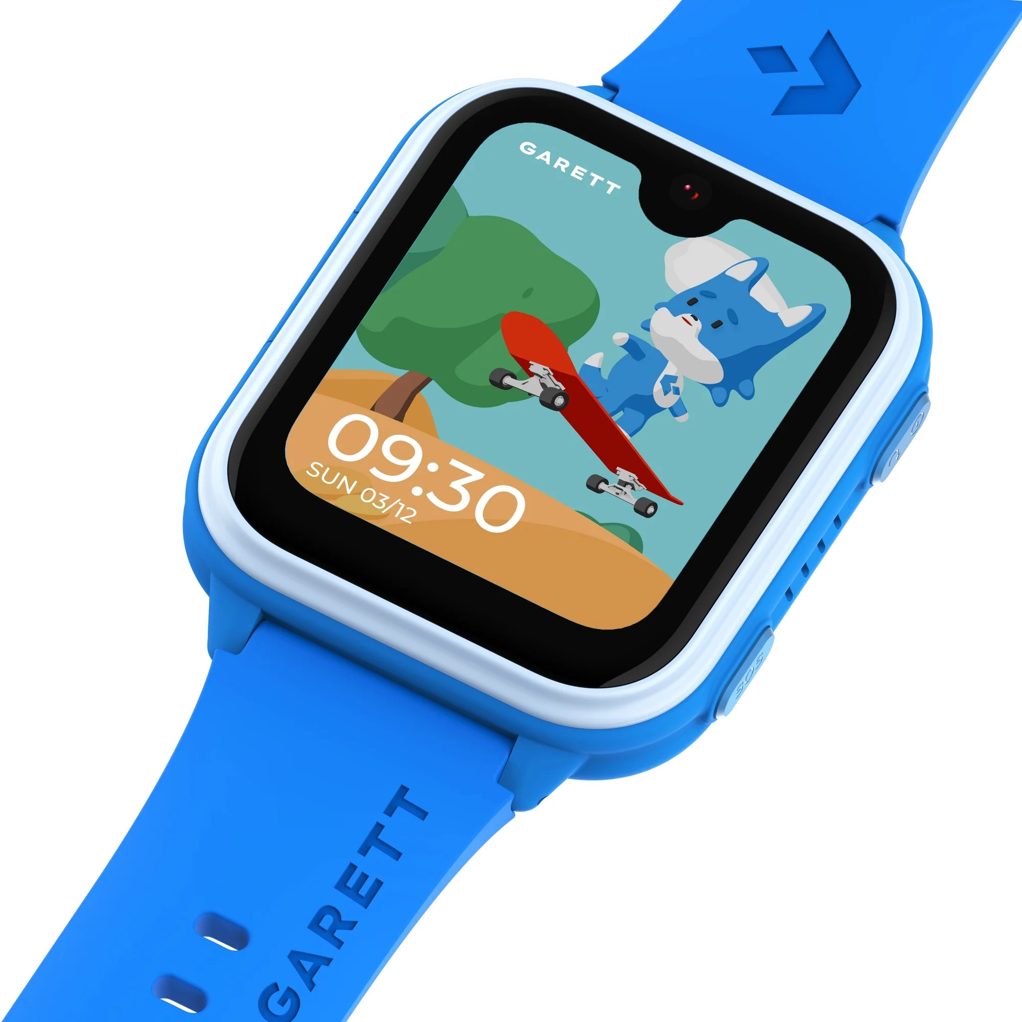 Uno smartwatch blu mostra una volpe dei cartoni animati su uno skateboard. Le ore sono 09:30. Sfondo bianco.
