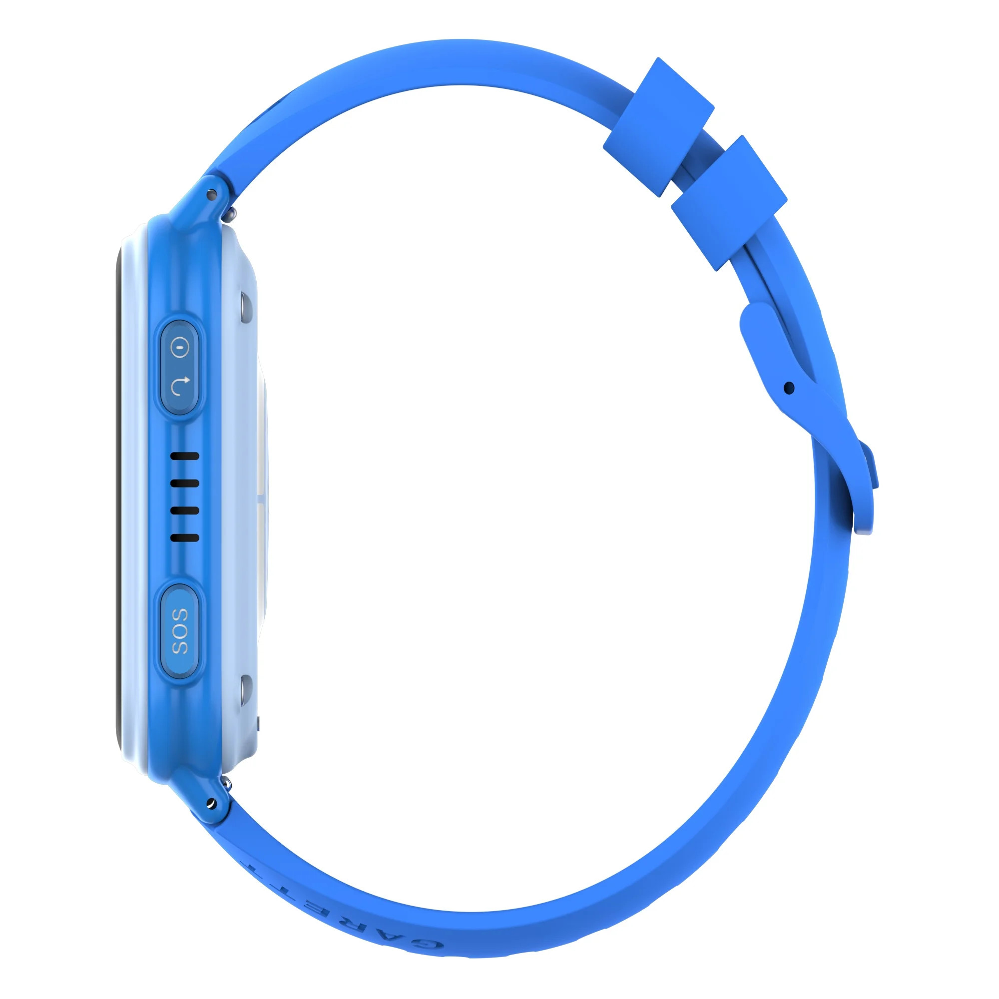 Uno smartwatch blu con cinturino blu. La vista laterale mostra i pulsanti e l'etichetta SOS.