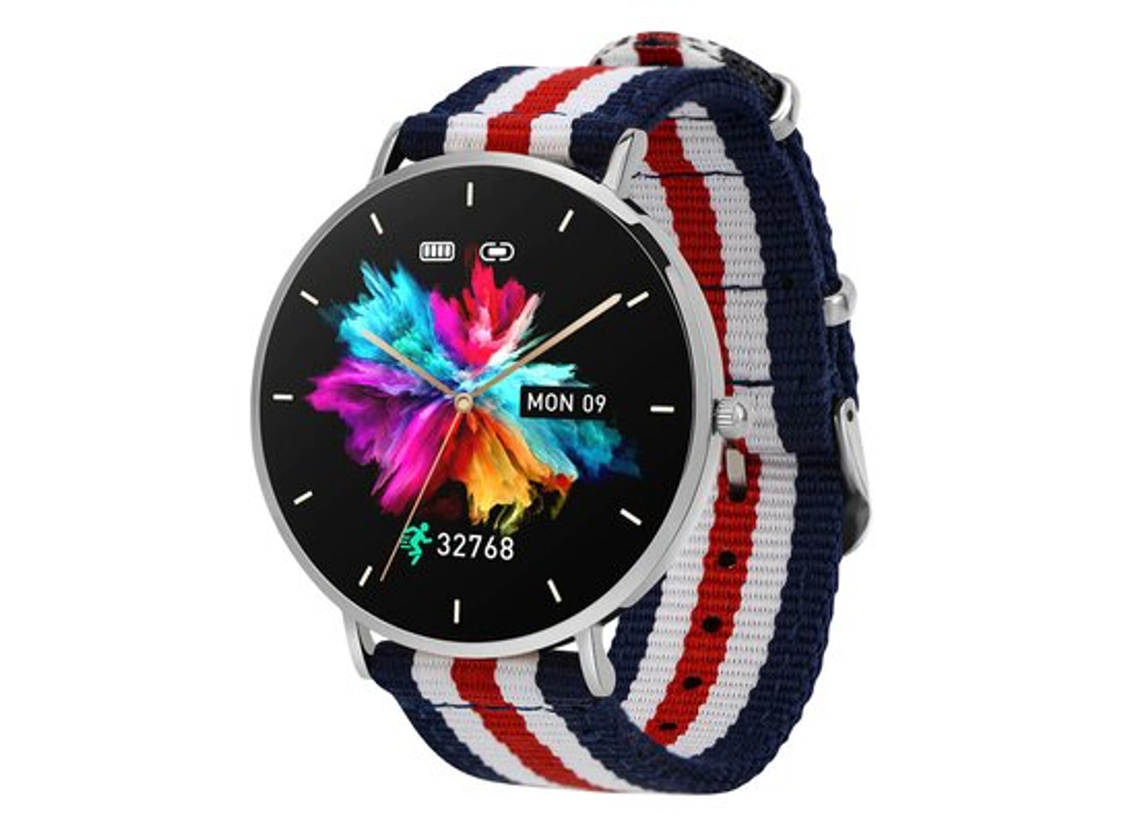 Smartwatch z kolorowym wzorem na ekranie i paskiem w niebiesko-biało-czerwone paski.