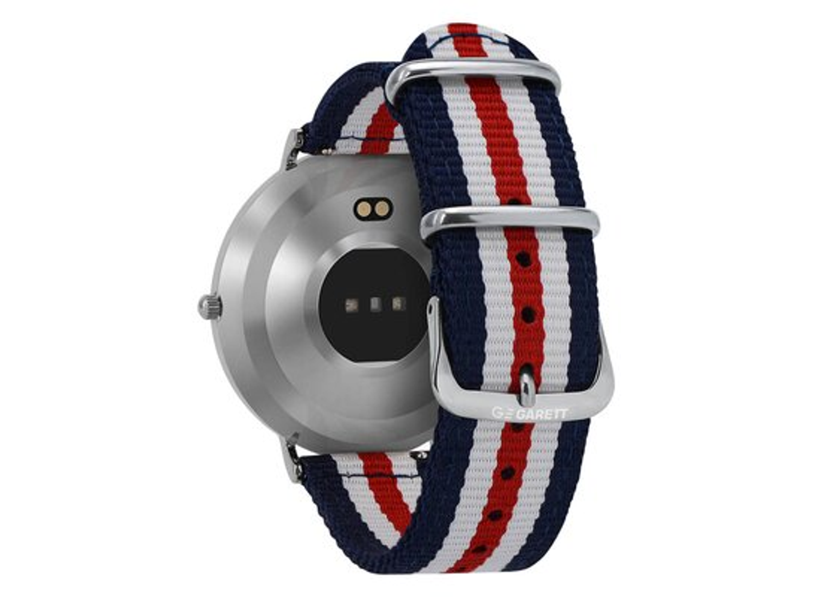 Tył srebrnego smartwatcha z paskiem w paski niebiesko-czerwono-białe.