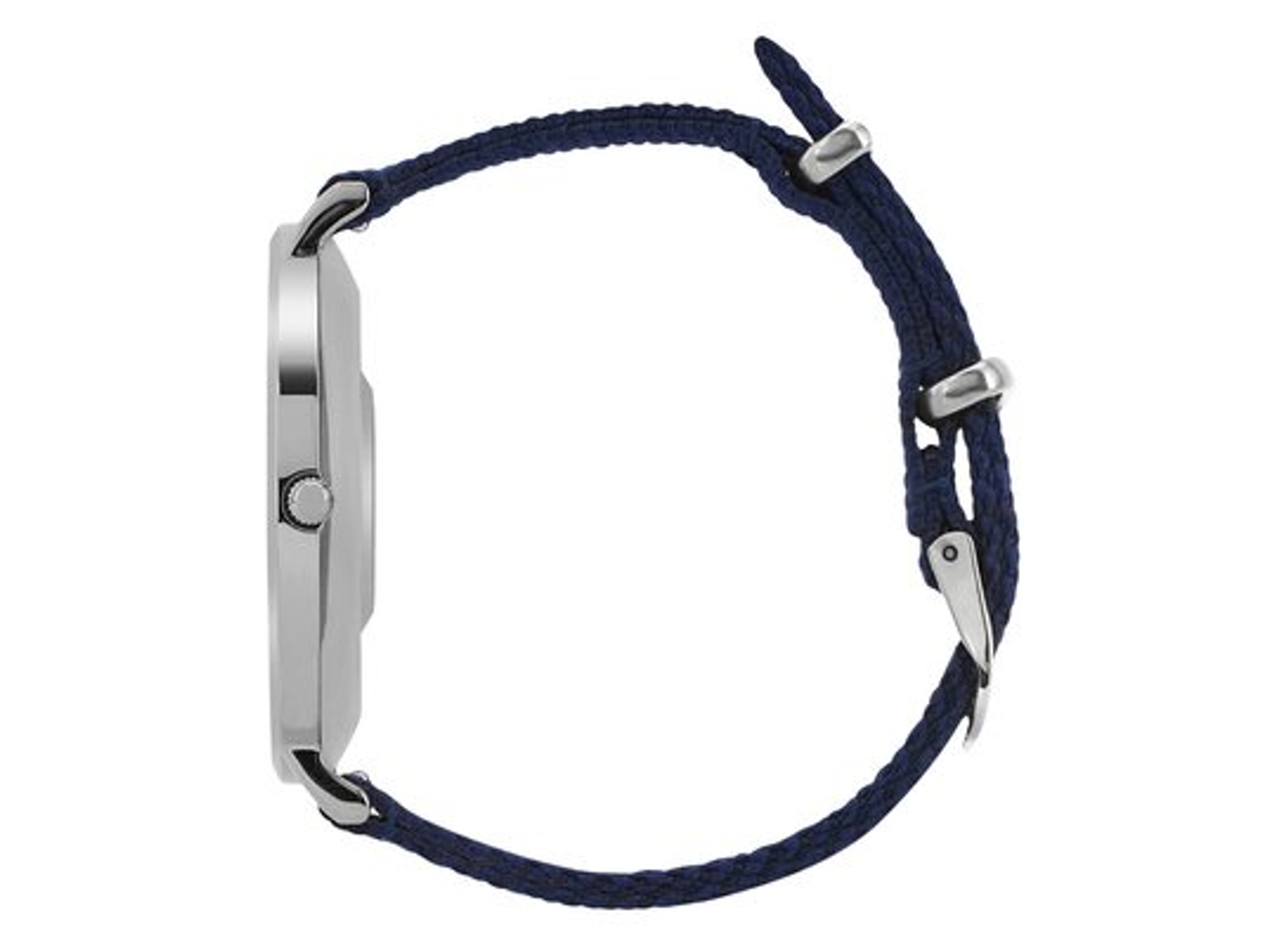 Srebrny smartwatch z niebieskim paskiem i widokiem z boku zegarka z dołączonym paskiem.