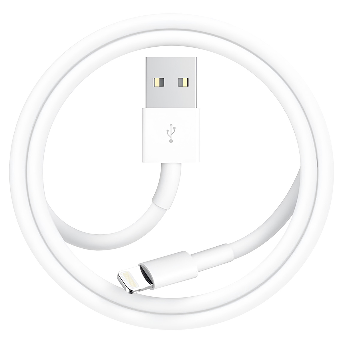 Un cavo da USB a Lightning bianco, arrotolato. Il cavo è bianco con un connettore USB da un lato e Lightning dall'altro.