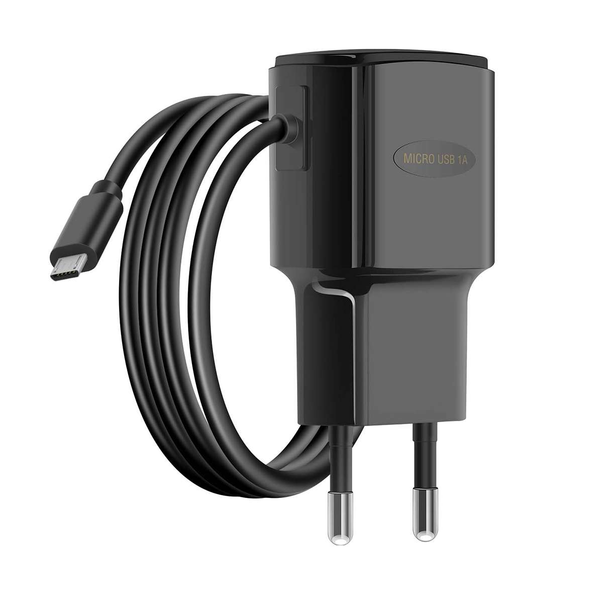 Ein schwarzes Telefonladegerät mit Micro-USB-Anschluss und zwei Stiften. Ein schwarzes Kabel ist angebracht. Es steht 'Micro USB 1A'.