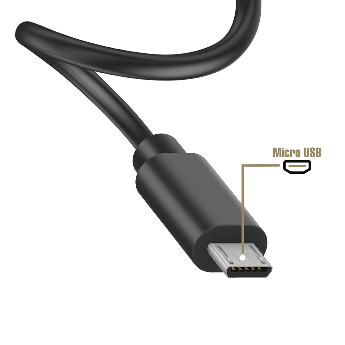 Nahaufnahme eines schwarzen Micro-USB-Kabelanschlusses. Das Kabel ist schwarz und der Anschluss silberfarben.