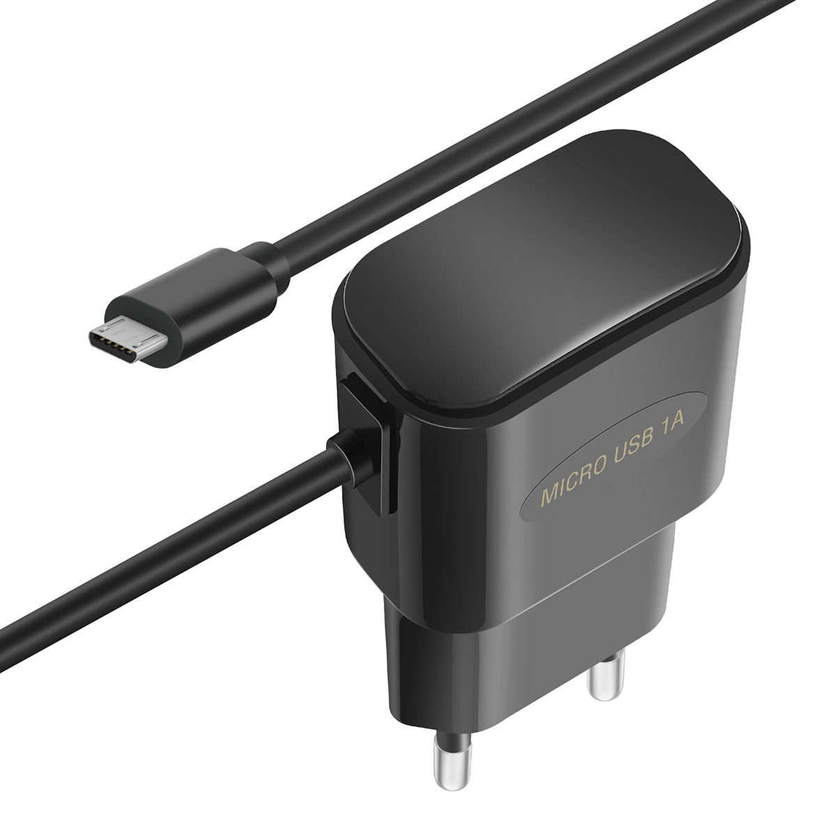 Ein schwarzes Telefonladegerät mit Micro-USB-Anschluss und zwei Stiften. Ein schwarzes Kabel ist angeschlossen. Es steht 'MICRO USB 1A'.
