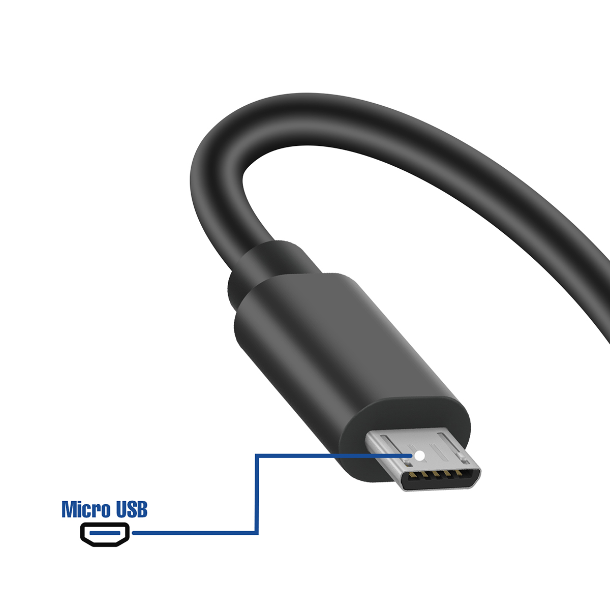 Primo piano di un connettore Micro USB con linea e testo blu.