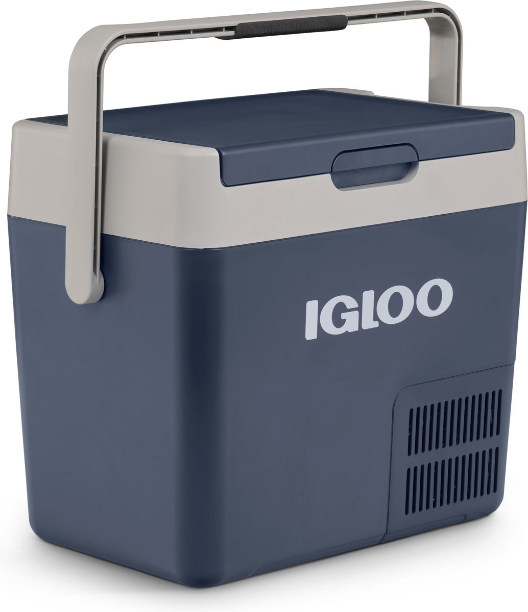 Niebiesko-szara chłodziarka Igloo z zamkniętą pokrywą i podniesionym uchwytem.
