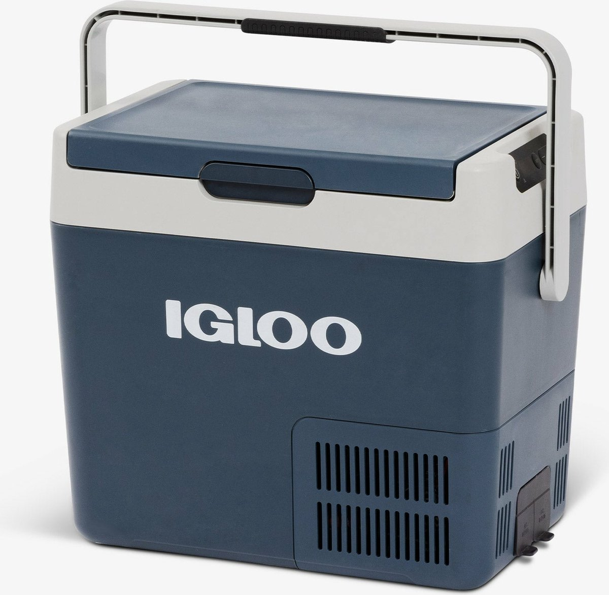 Niebiesko-szara chłodziarka Igloo z zamkniętą pokrywą. Logo Igloo jest widoczne z boku.