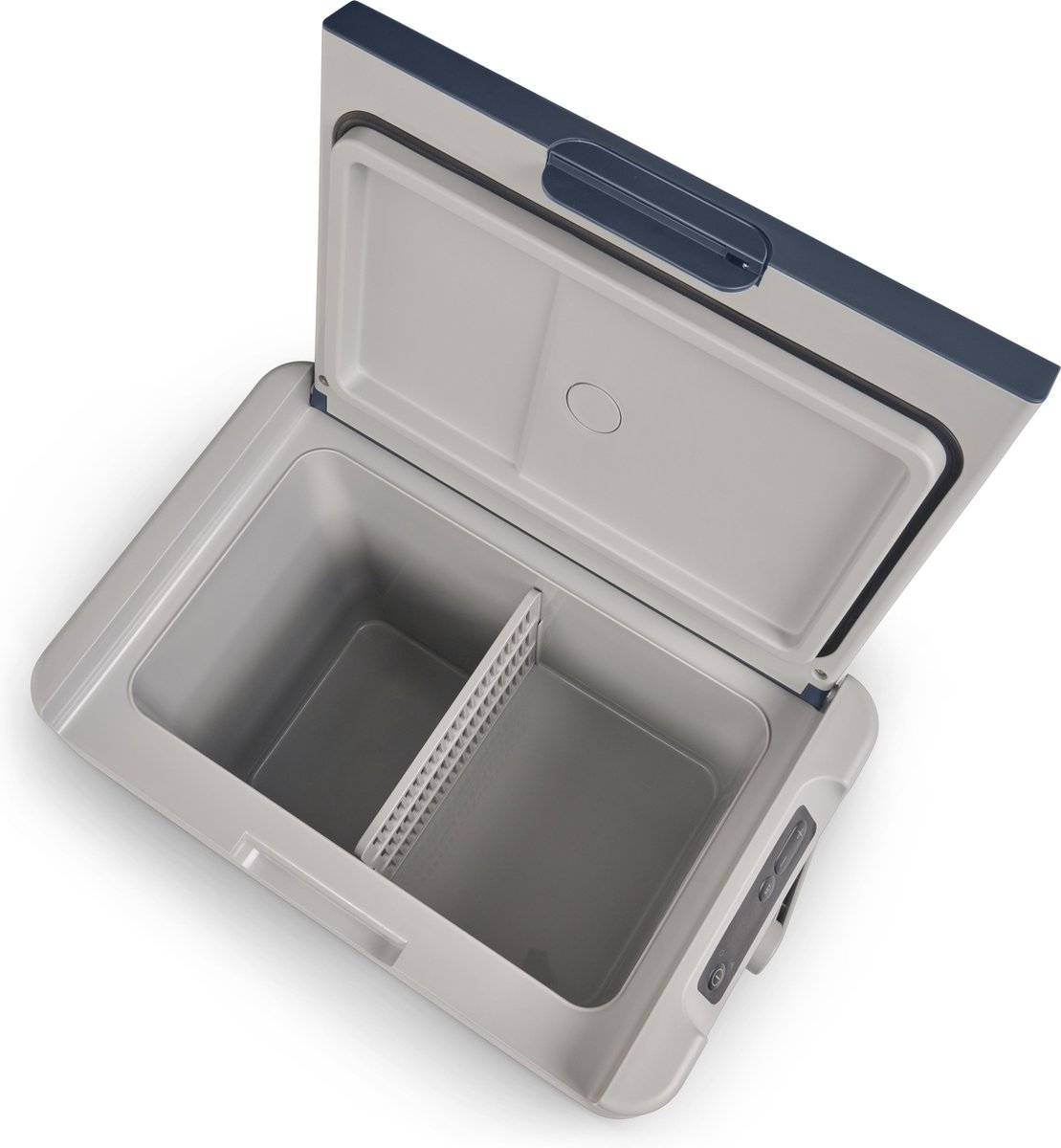 Otwarta lodówka Igloo z przegrodą. Lodówka jest szara, a pokrywa niebieska.