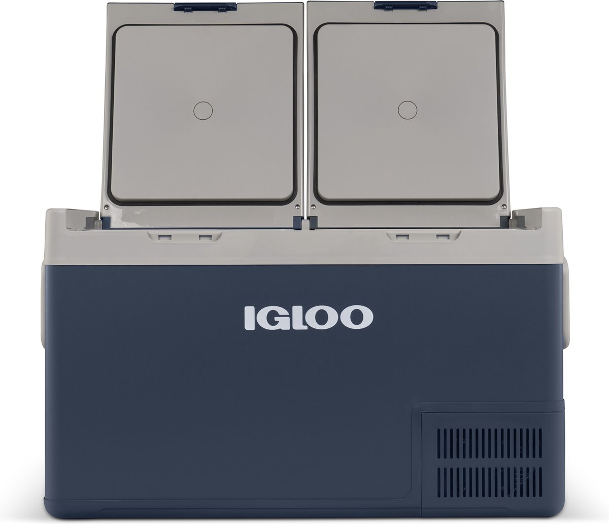 Lodówka Igloo z dwoma otwartymi pokrywami. Lodówka jest niebiesko-biała.
