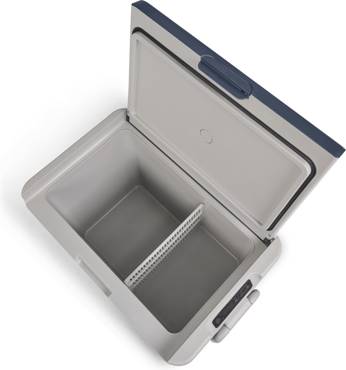 Otwarta lodówka Igloo z przegrodą. Lodówka jest szara, a pokrywa niebieska.