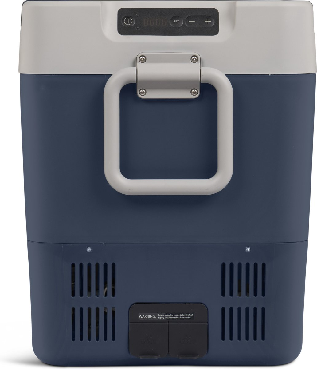 A navy blue and gray cooler with a handle, control panel, and vents. The cooler has a warning label at the bottom.