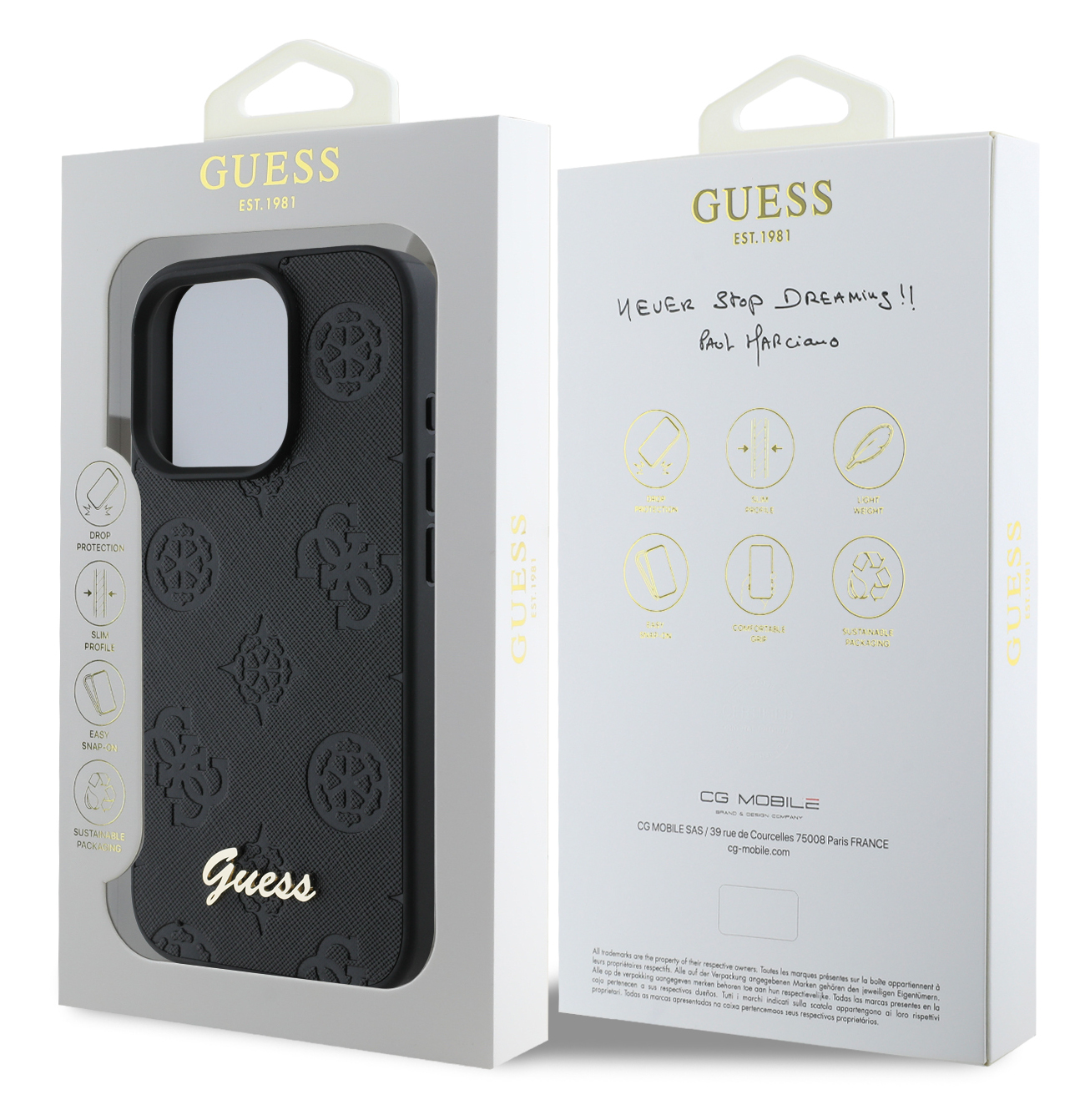 Una scatola bianca di custodia per telefono Guess con una custodia nera all'interno.