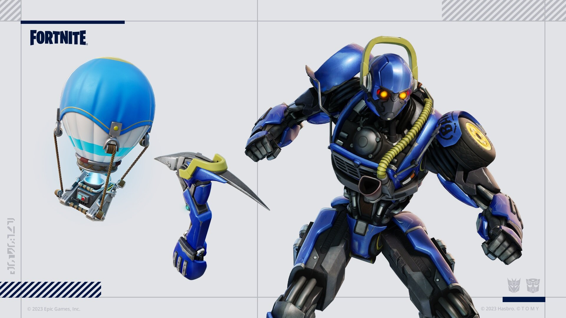 Obraz promocyjny Fortnite z robotem, kilofem i niebieskim balonem.