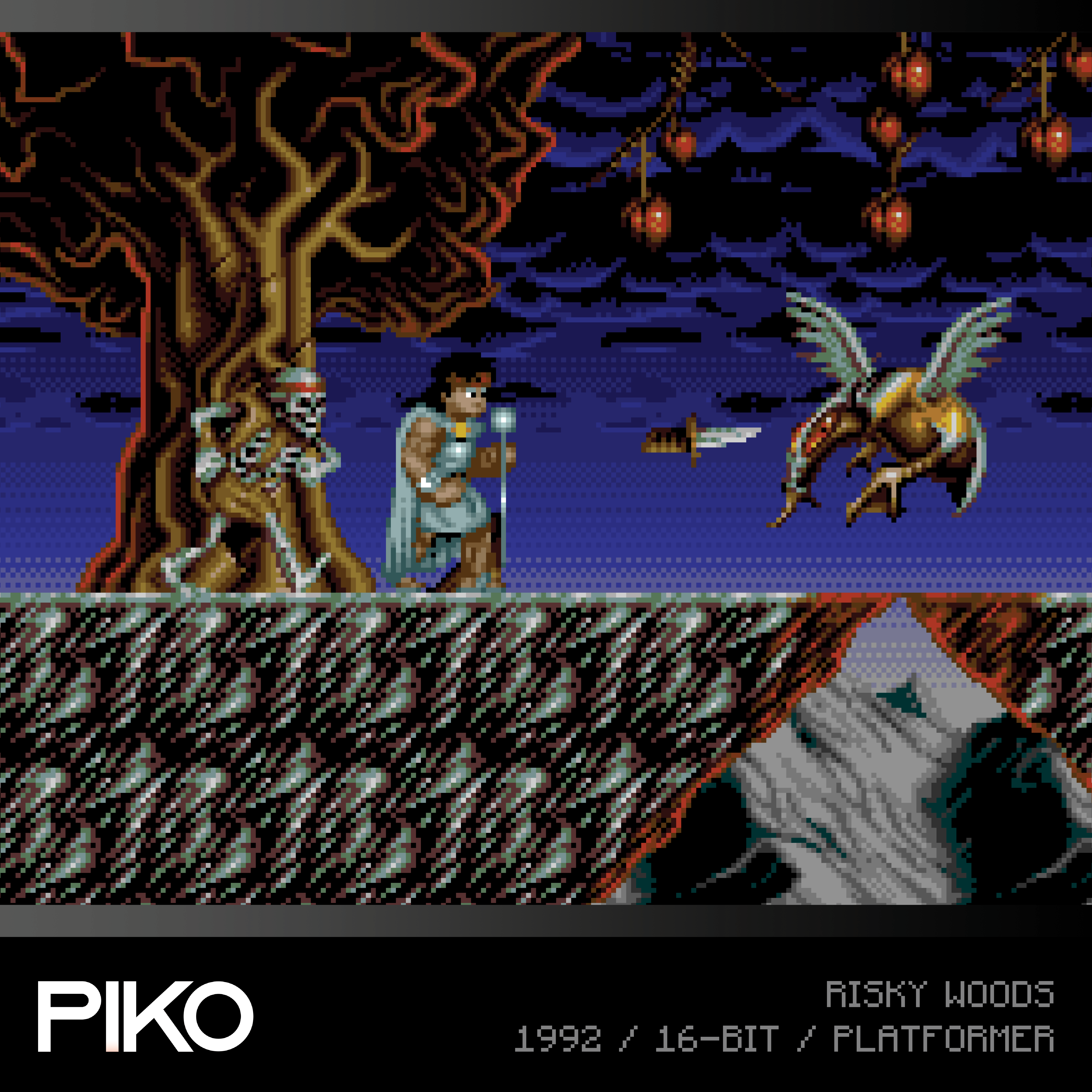 Gra retro Risky Woods. Wojownik staje twarzą w twarz ze szkieletem i skrzydlatą istotą w pikselowanym otoczeniu.