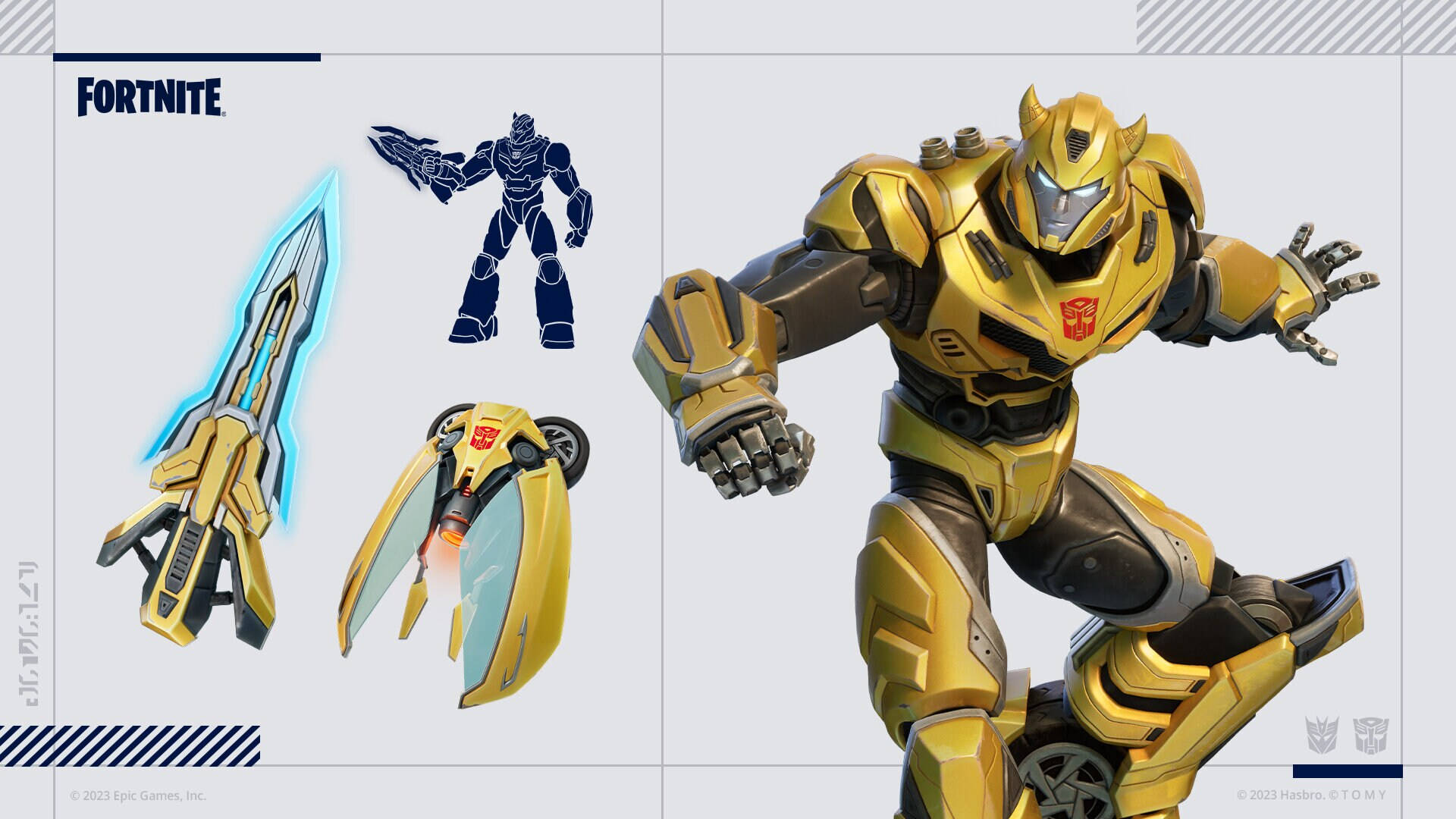 Obraz Fortnite przedstawiający postać Bumblebee z bronią i żółtym emblematem, z logo Fortnite i Transformers.
