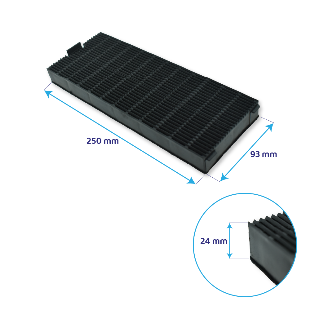 Filtro a carbone attivo rettangolare nero. Misura 250 mm x 93 mm x 24 mm. Ha un design a coste.