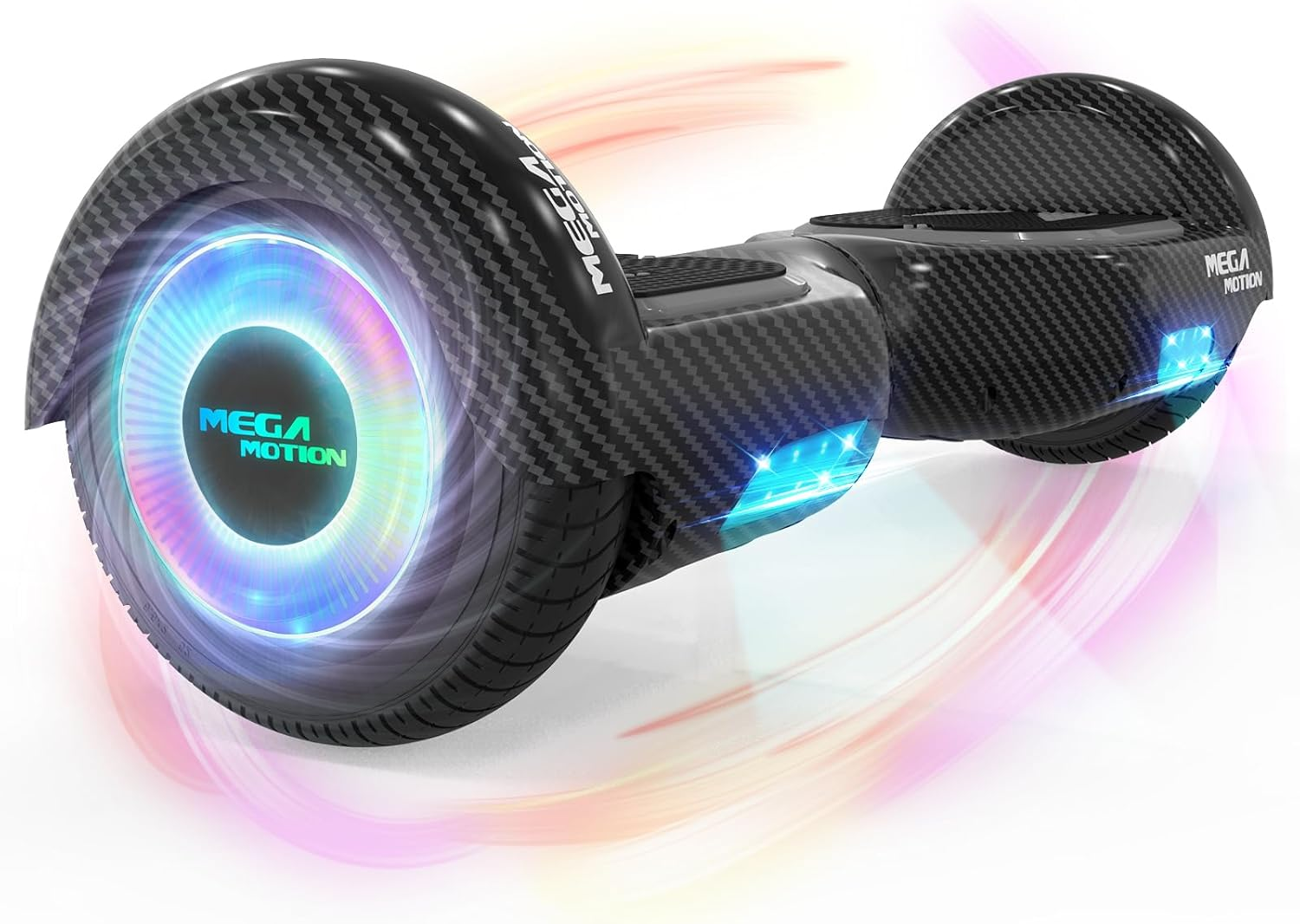 Ein schwarzes Hoverboard mit beleuchteten Rädern und dem Wort „MEGA MOTION“ an den Seiten.