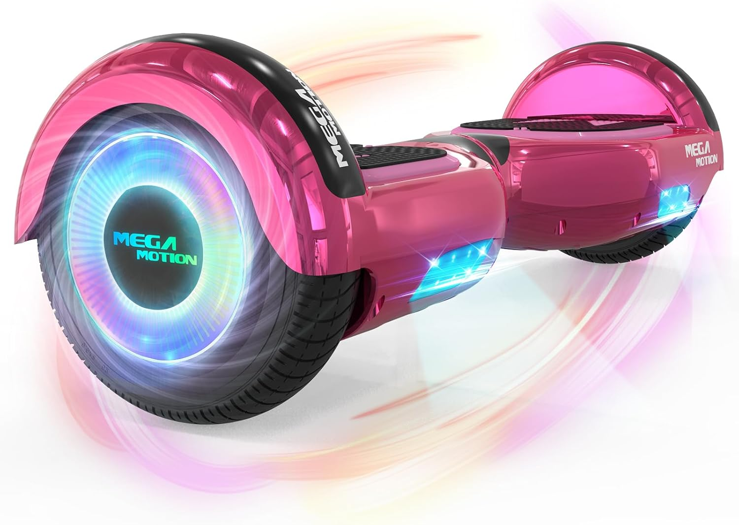 Ein pinkfarbenes Hoverboard mit leuchtenden blauen und violetten Lichtern. Es hat 'MEGA MOTION' drauf.