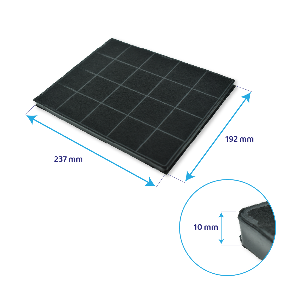 Un filtro dell'aria rettangolare nero con un motivo a griglia, con dimensioni in mm.