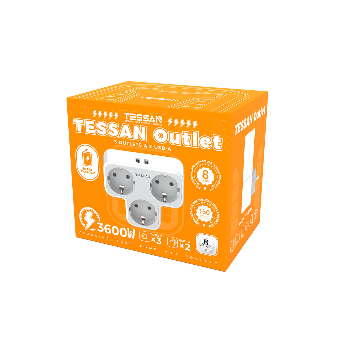 Embalaje de regleta naranja con detalles del producto y la marca TESSAN.