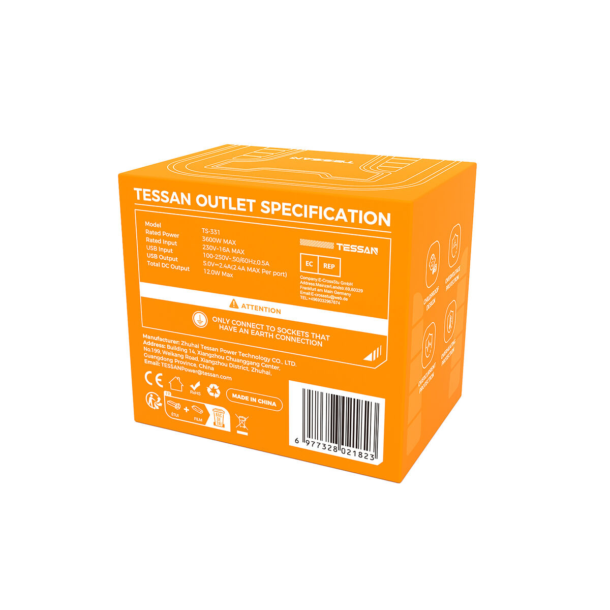 Caja de regleta naranja con especificaciones, incluida la marca TESSAN Outlet.