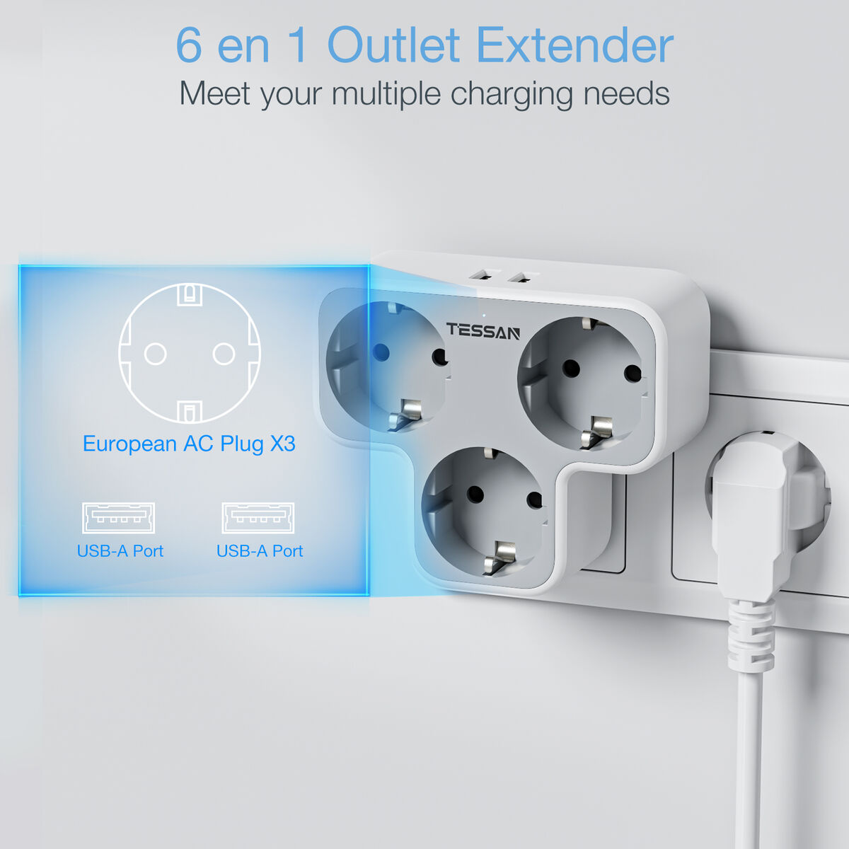 Una regleta blanca con tres enchufes y dos puertos USB. El texto dice '6 en 1 Outlet Extender'.