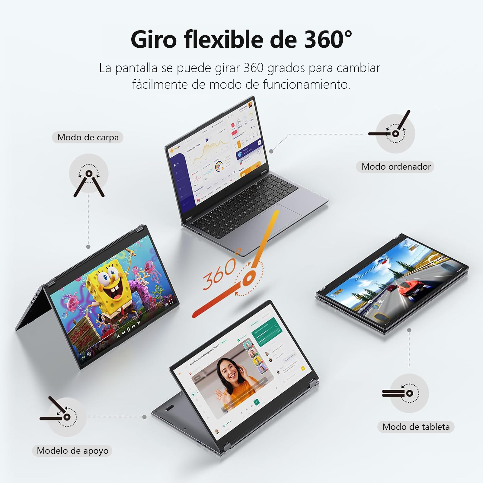 Un portátil con una bisagra flexible de 360°. La pantalla muestra diferentes modos. También hay diagramas.