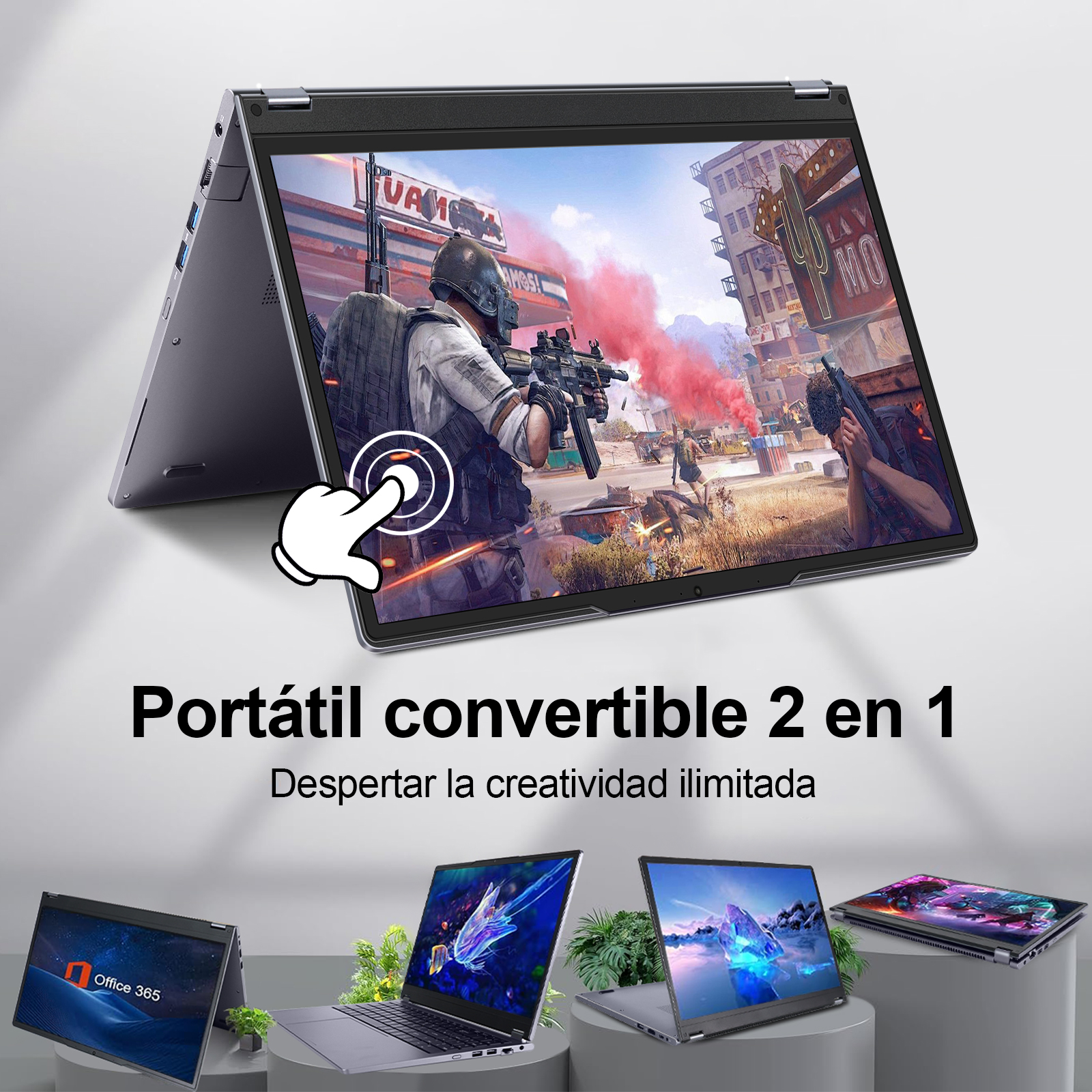 Un portátil convertible en cuatro modos diferentes. La pantalla muestra diferentes contenidos. Mano blanca señalando.