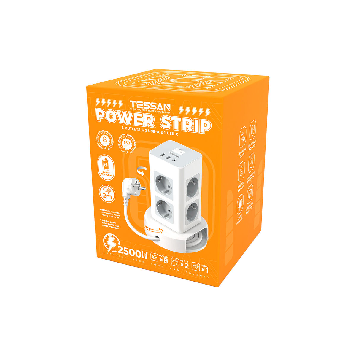 Alargador 5 Metros Enchufe Plano Extrafino Para Pared - 16A 250V, Ideal Para Detrás De Muebles Alargo Enchufe