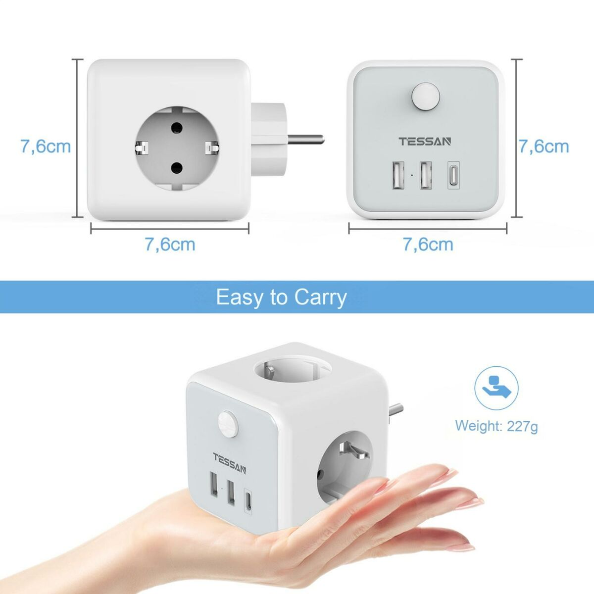 Adaptador de corriente blanco con enchufes y puertos USB, en múltiples vistas y en la mano.