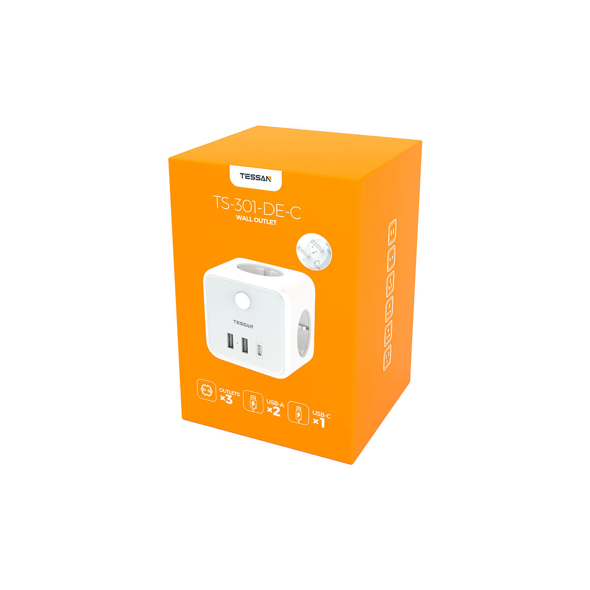 Una caja naranja con una regleta blanca dentro. La regleta tiene enchufes y puertos USB.