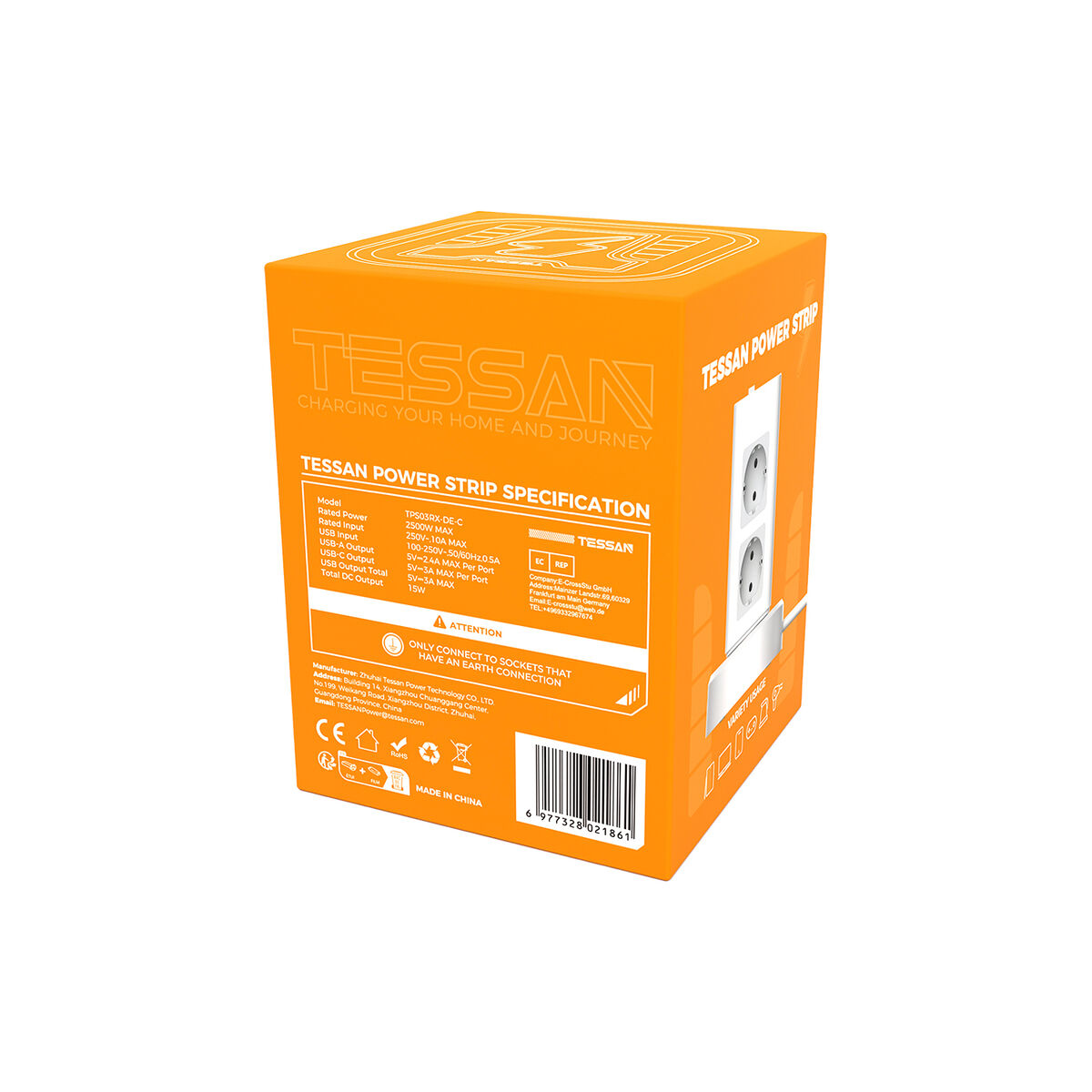 Caja naranja con detalles de regleta. El texto dice 'TESSAN' y especificaciones. Se muestra una regleta blanca.