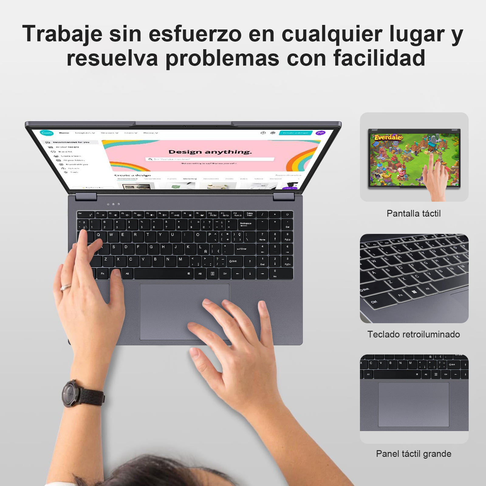Una persona usando una laptop con pantalla táctil y teclado retroiluminado. Se muestran detalles del teclado y la pantalla.