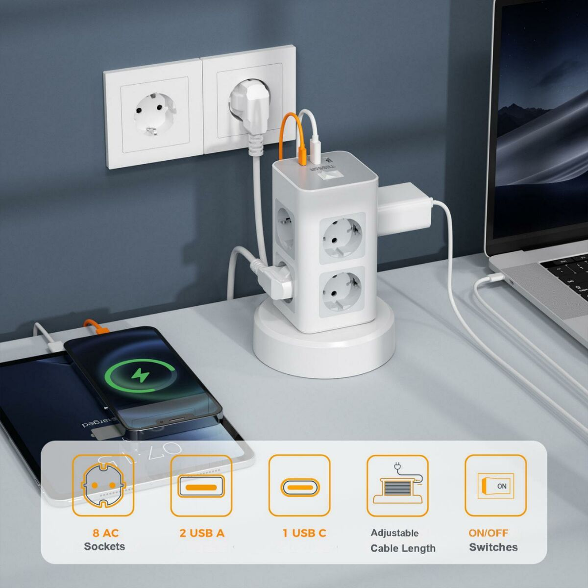 Una regleta con múltiples enchufes, puertos USB y un enchufe. Teléfonos cargando. El fondo es un escritorio.