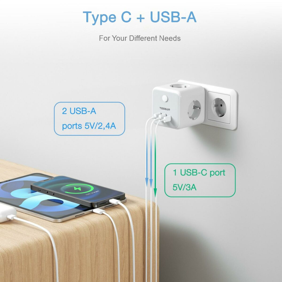 Regleta con puertos USB y USB-C cargando dispositivos. Un teléfono y una tableta están conectados.