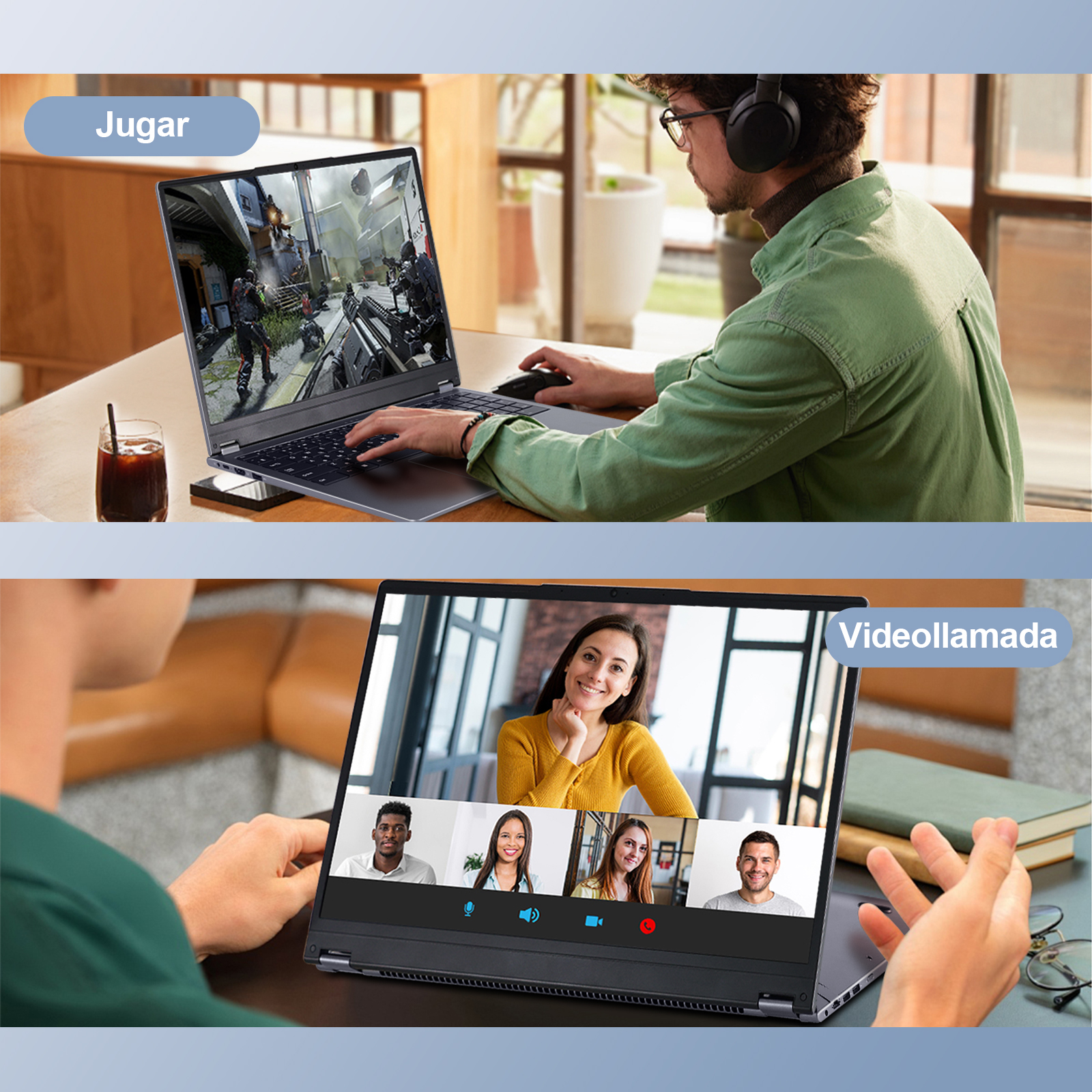 Dos portátiles que muestran interfaces de juegos y videollamadas, con usuarios en una mesa.