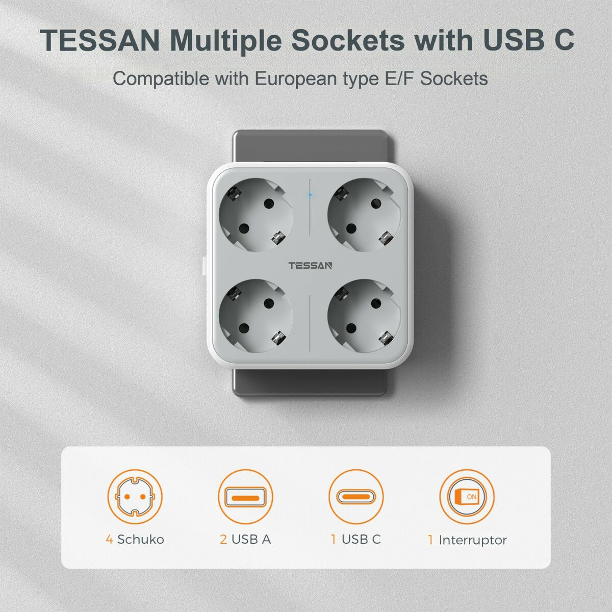 Una regleta blanca con cuatro enchufes, 2 USB A y 1 puerto USB C. El texto 'TESSAN' está en el frente.