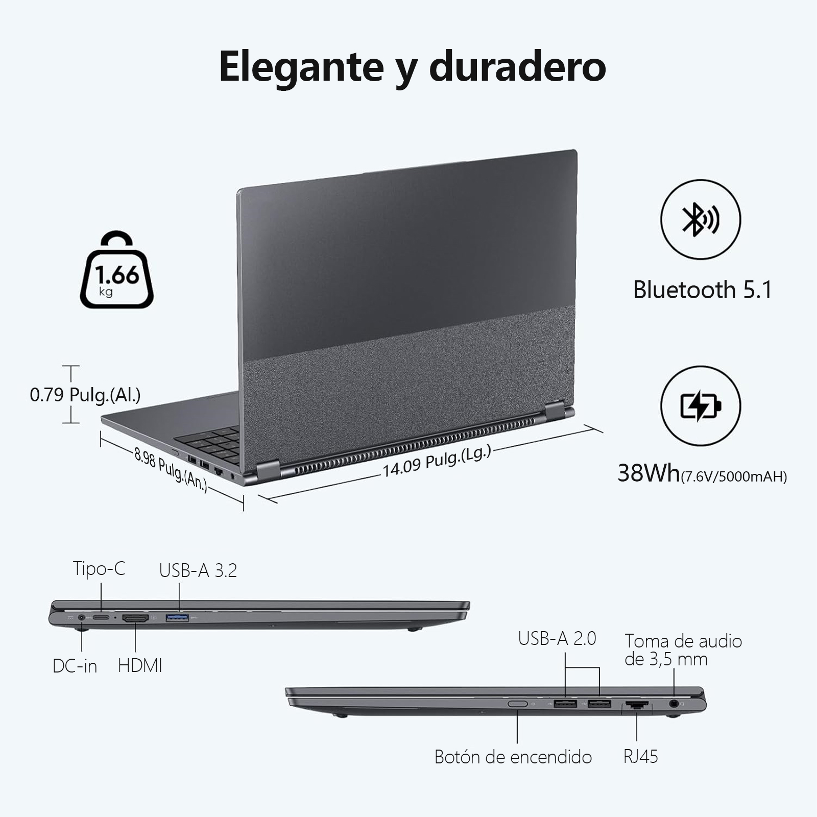 Una laptop que muestra detalles de sus características: tamaño, peso y puertos, con un diseño elegante.