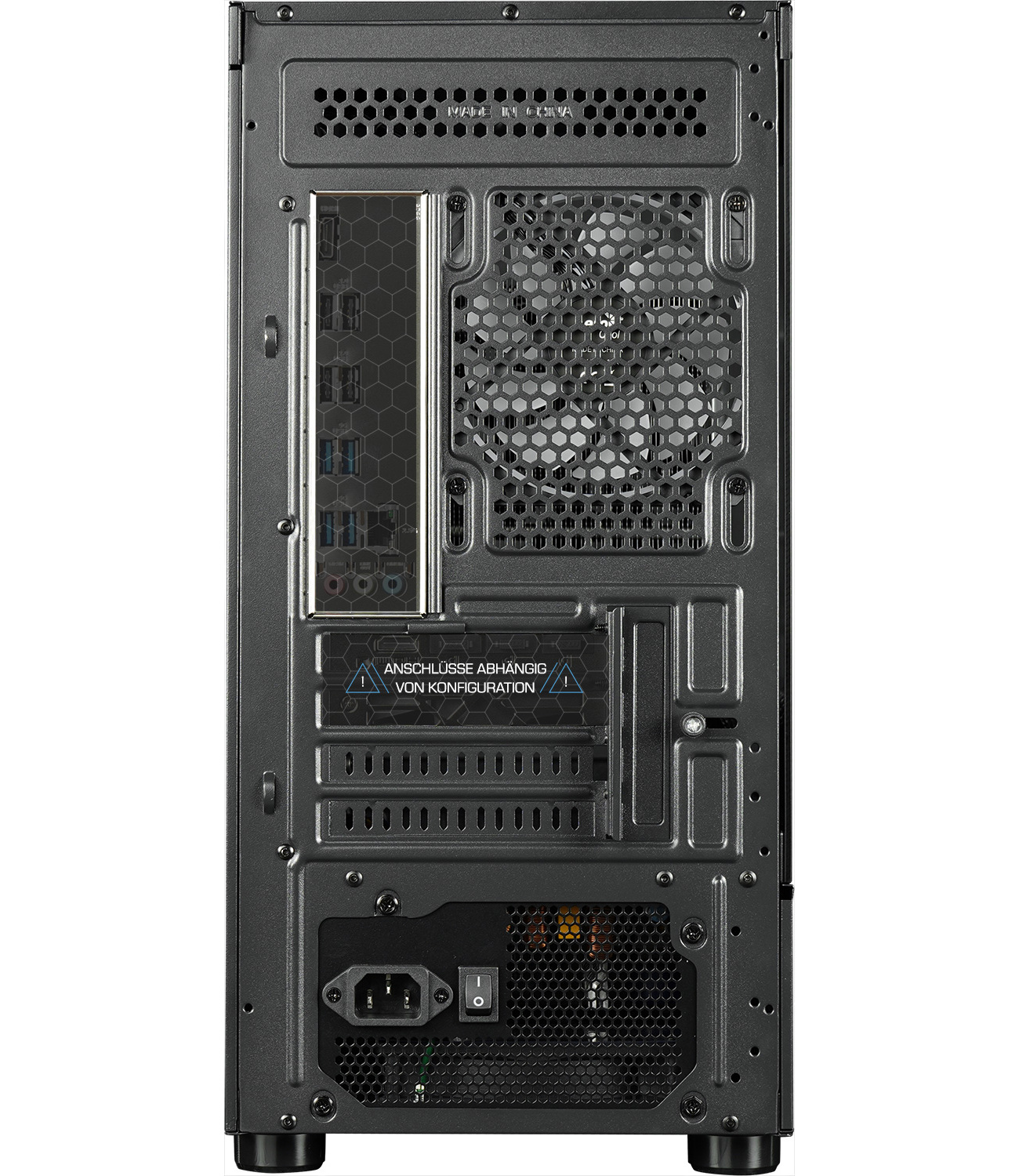 Panneau arrière d'un boîtier d'ordinateur, avec ports, ventilateur et alimentation.