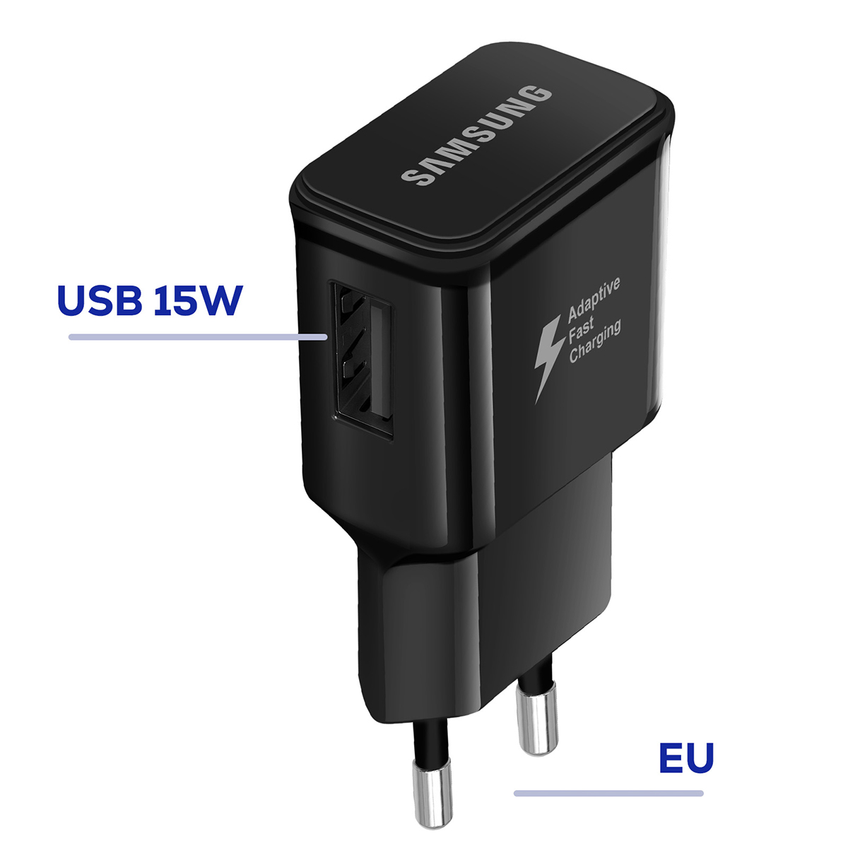 Schwarzes Samsung USB-Ladegerät mit USB 15W-Etikett und EU-Stecker.